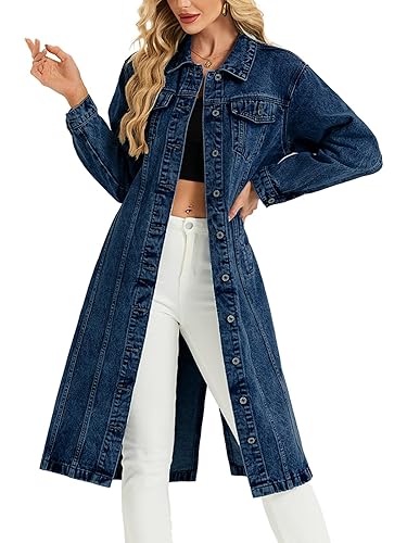 Women Denim Jacket Button Down Maxi Long Jean Trench Coat