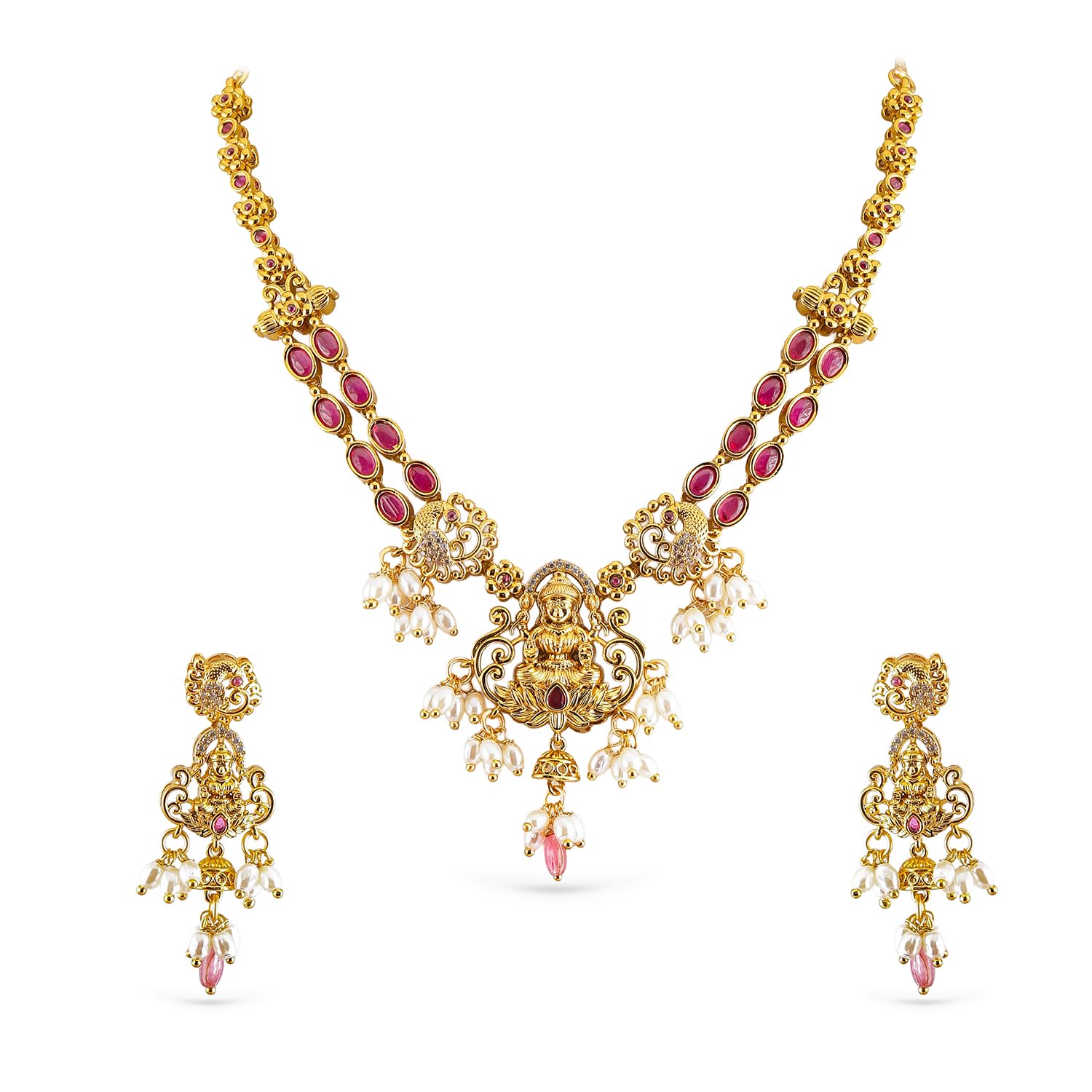 rubans Temple Choker Necklace Set Ruby Pink Bridal Wedding Statement Jewellery Gift for Women & Girls-picture-15