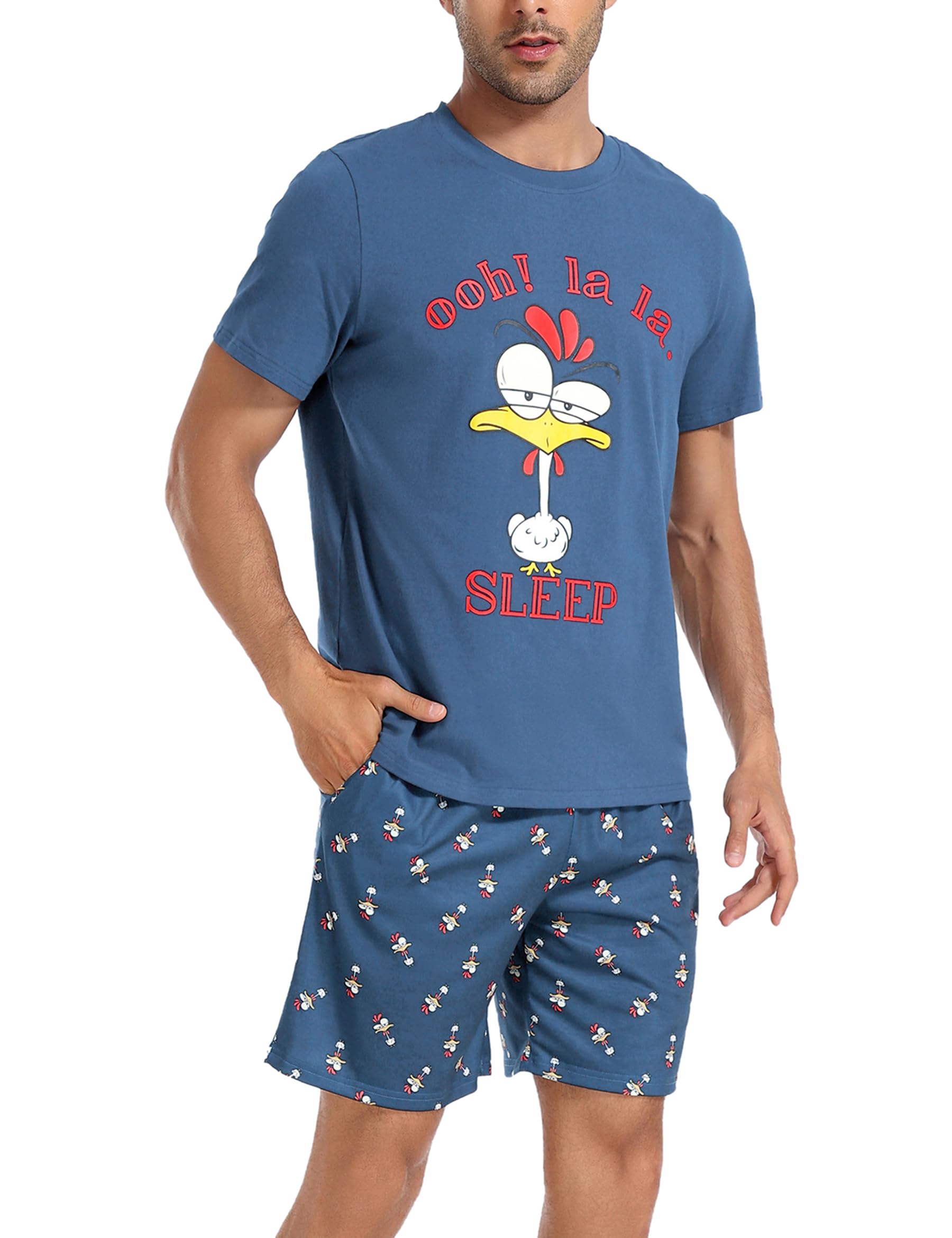 Jezonga Schlafanzug Herren Kurz Pyjama Lustig Baumwolle Shorty Nachtwäsche Zweiteilige Pyjamas mit Hahn T-Shirt und Schlafanzughose für Männer,Hellblau,M