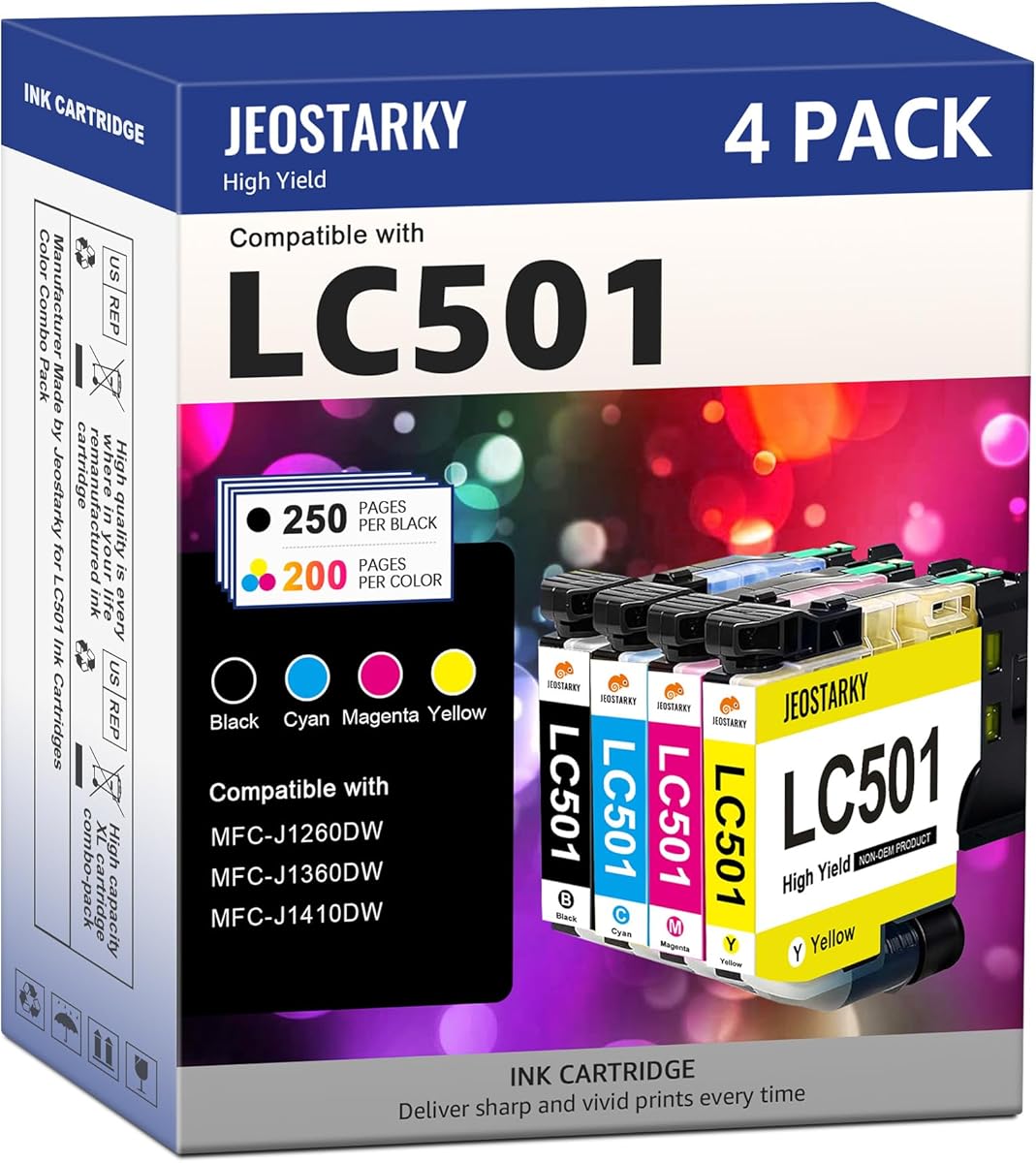 LC501 Ink Cartridges Compatible for Brother LC501 Ink Cartridges LC501XL LC501 Ink Works with Brother Printer MFC-J1360DW MFC-J1410DW MFC-J1260W (Black/Cyan/Magenta/Yellow, 4 Pack)