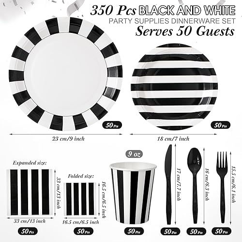 Miniatura 2 de Bokon 350 decoraciones de fiesta en blanco y negro incluyen 100 platos de papel a rayas, 50 vasos de papel, 50 servilletas, 50 cuchillos, 50