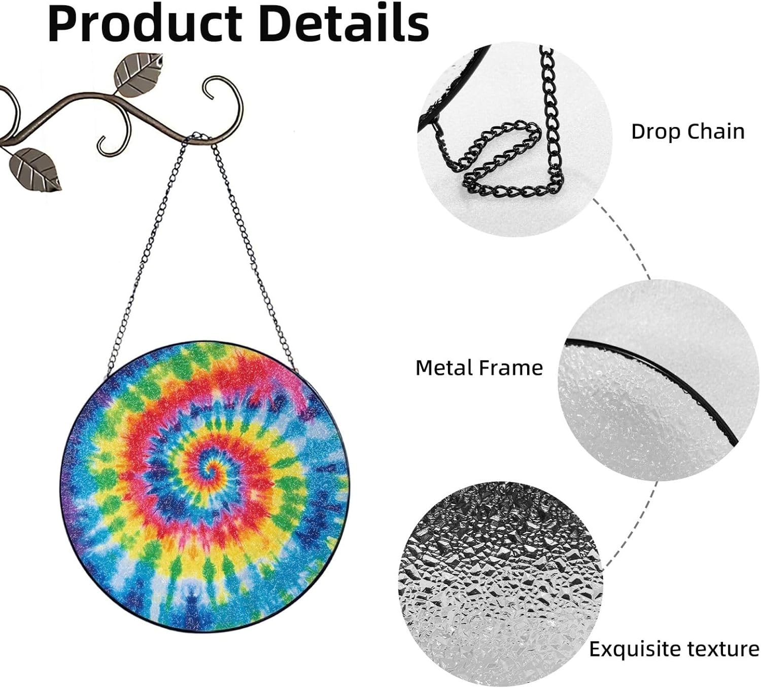 Stained Glass Window Hanging 6in（15cm）, tie dye Rainbow Glass Suncatcher for Home Decor, Indoor Wall Art Glass Panel with Metal Chain and Hooks, Sun Catcher Ornament Birthday Gifts