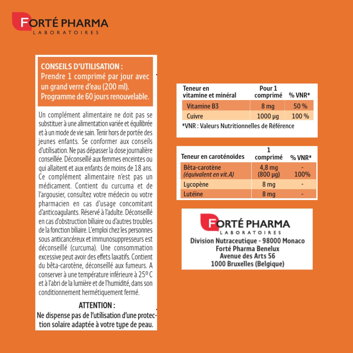 Forté Pharma - Expert Autobronz - Complement alimentaire bronzage, Hâle naturel & Autobronzant sans soleil - Cuivre, Carotte, Mangue, Abricot, Cucruma, Vitamine B3-1/jour, 60 jours
