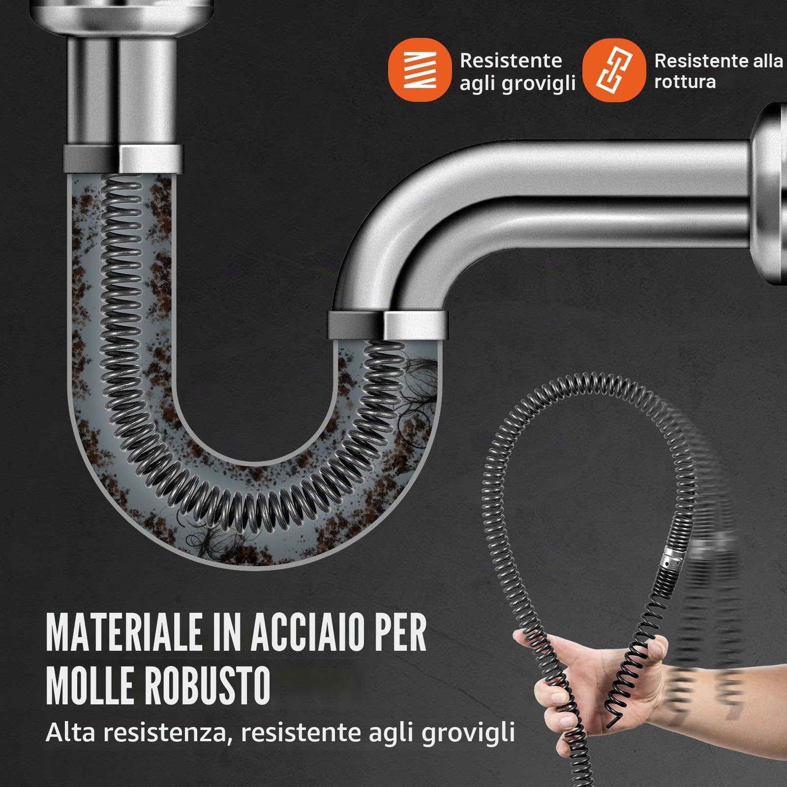 VEVOR Cavo per Pulizia Scarichi con 7 Taglierine Cavo per Pulizia Scarichi Sezionale per Tubi da 20 a 100 mm Cavo per Coclea di Scarico Fognario a Nucleo Cavo per Lavello, Scarico a Pavimento, WC