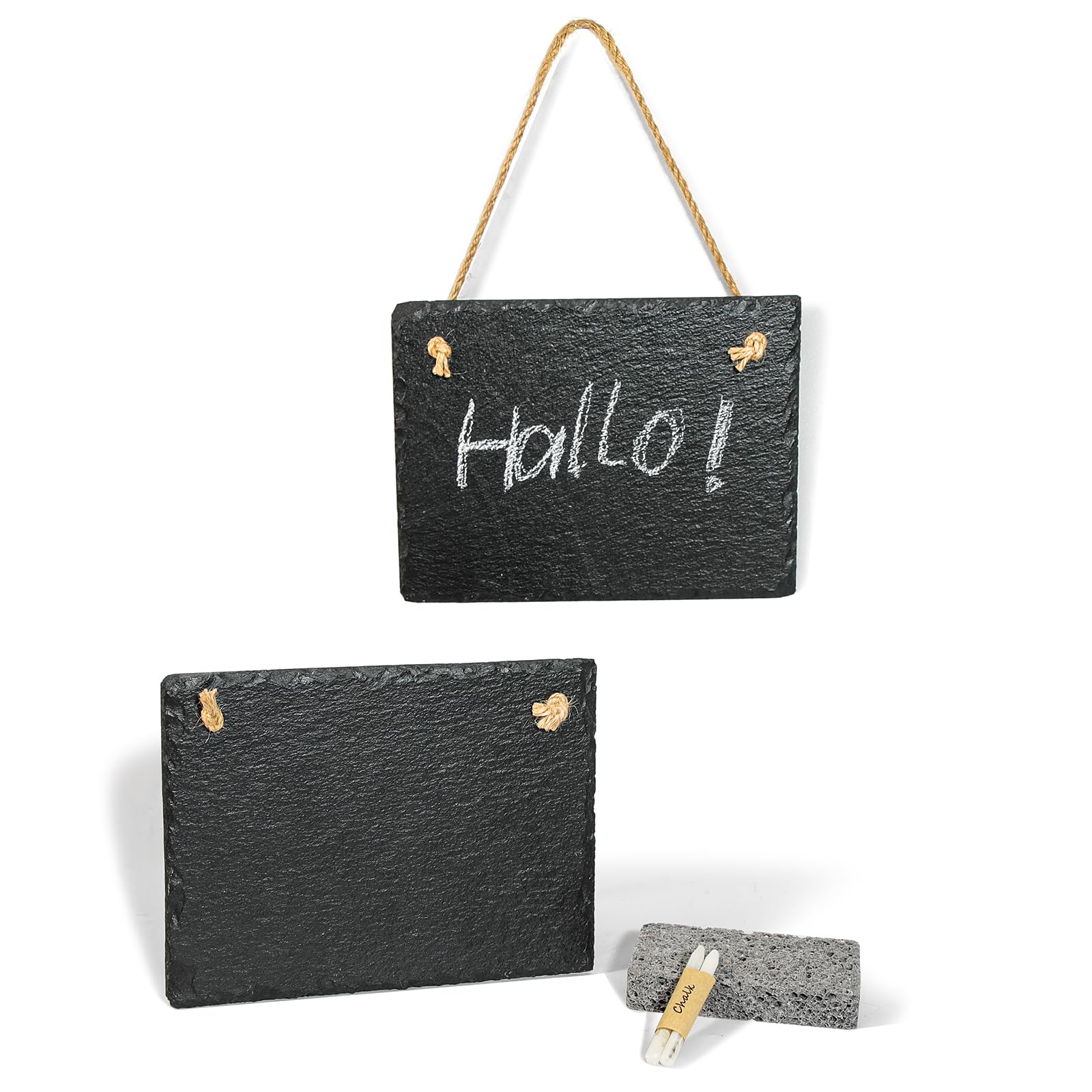 WLWNWFT Hanging Slate Chalkboard - 7.87x5.91in Rustic Blackboard with Rope for Kitchen Café Garden or Restaurant Set of 2, Memo Message Board for Kitchen Door Sign