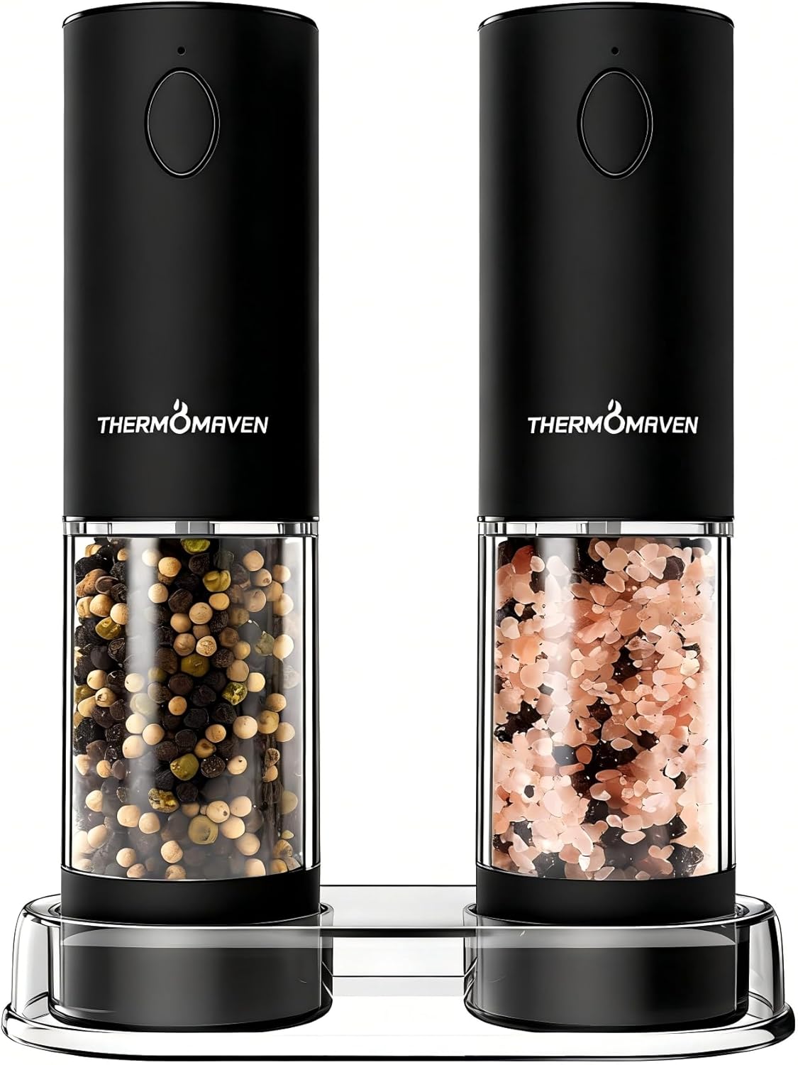 ThermoMaven Electric Salt and Pepper Grinder Set, 110ml Larger Rechargeable Automatic Salt and Pepper Mill Grinder with 6 Adjustable Coarseness, Electric Salt and Pepper Shakers, LED, Midnight Black