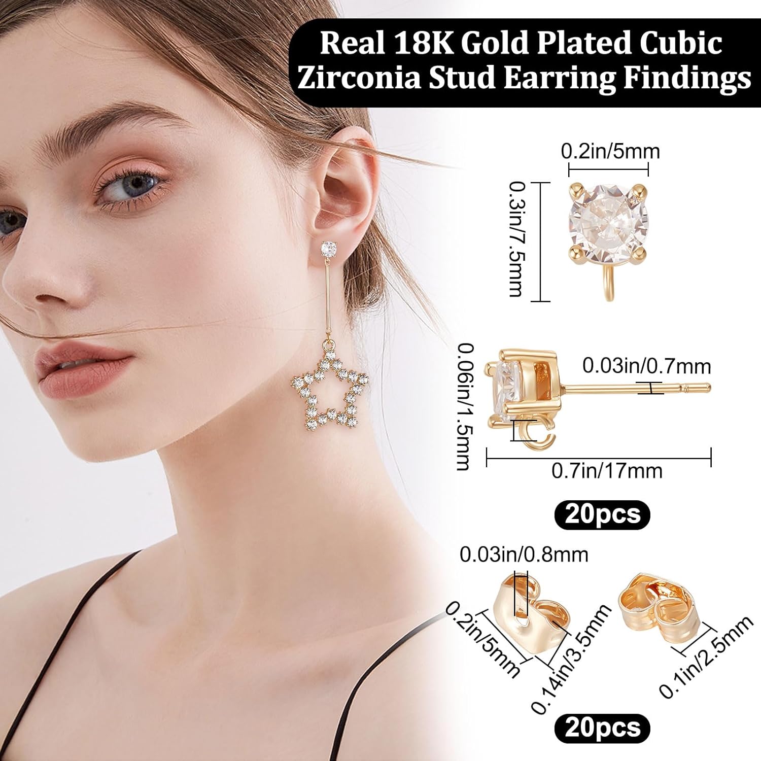 Beebeecraft 1 Box 20Pcs Stud Earring Findings 18K Gold Plated Brass Zirconia Earring Post with Loop Round Earring Component for Mother's Day Valentine's Day Anniversary DIY Earring Making