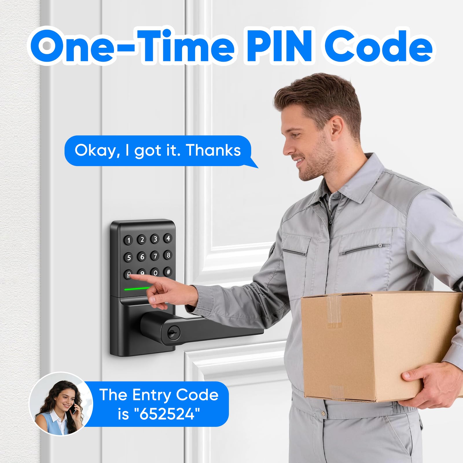 MYPIN Smartes Türschloss mit Griff, Schlüssellos, Elektronischer Riegel, Tastatur, Automatische Verriegelung, Einmalcode, USB-C-Notstrom, Aluminium, keine App erforderlich, einfache Selbstmontage