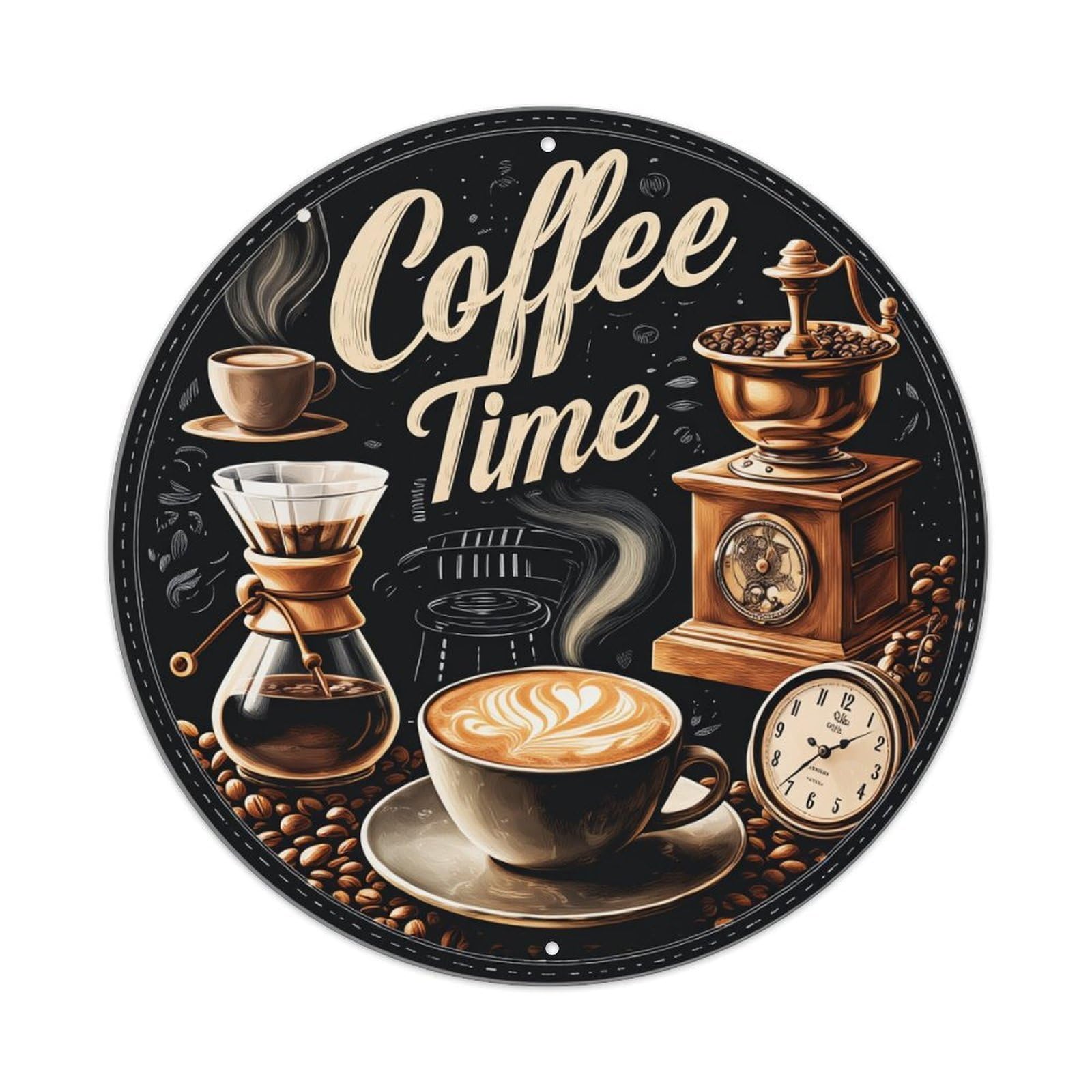 Coffee Time Artistic Design Pattern Round Tin Sign Vintage Metal Poster, Home Bar Garage Man Cave Cafe Indoor & Outdoor Wall Decoration 8x8Inches