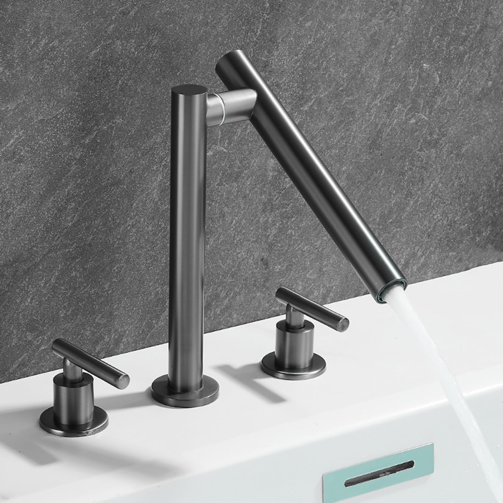 ZQFHSX Basin Faucets 3 Hole Brass Split Double Handle Faucet-Grey
