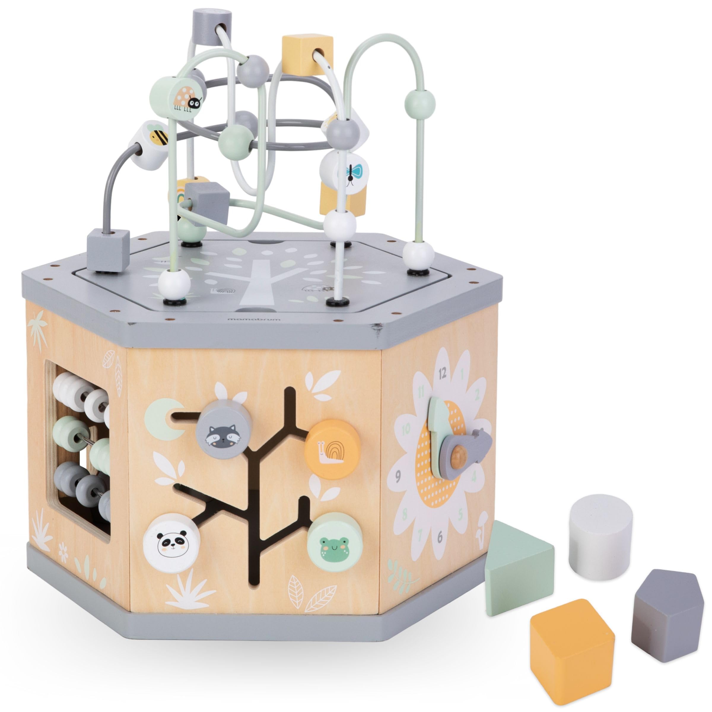 Mamabrum, Cubo de Aprendizaje de Madera 7 en 1 - Bucle Motor, ábaco de Colores, Reloj, números rotados, clasificador de Formas, Engranajes giratorios, Centro de Actividades de Laberinto