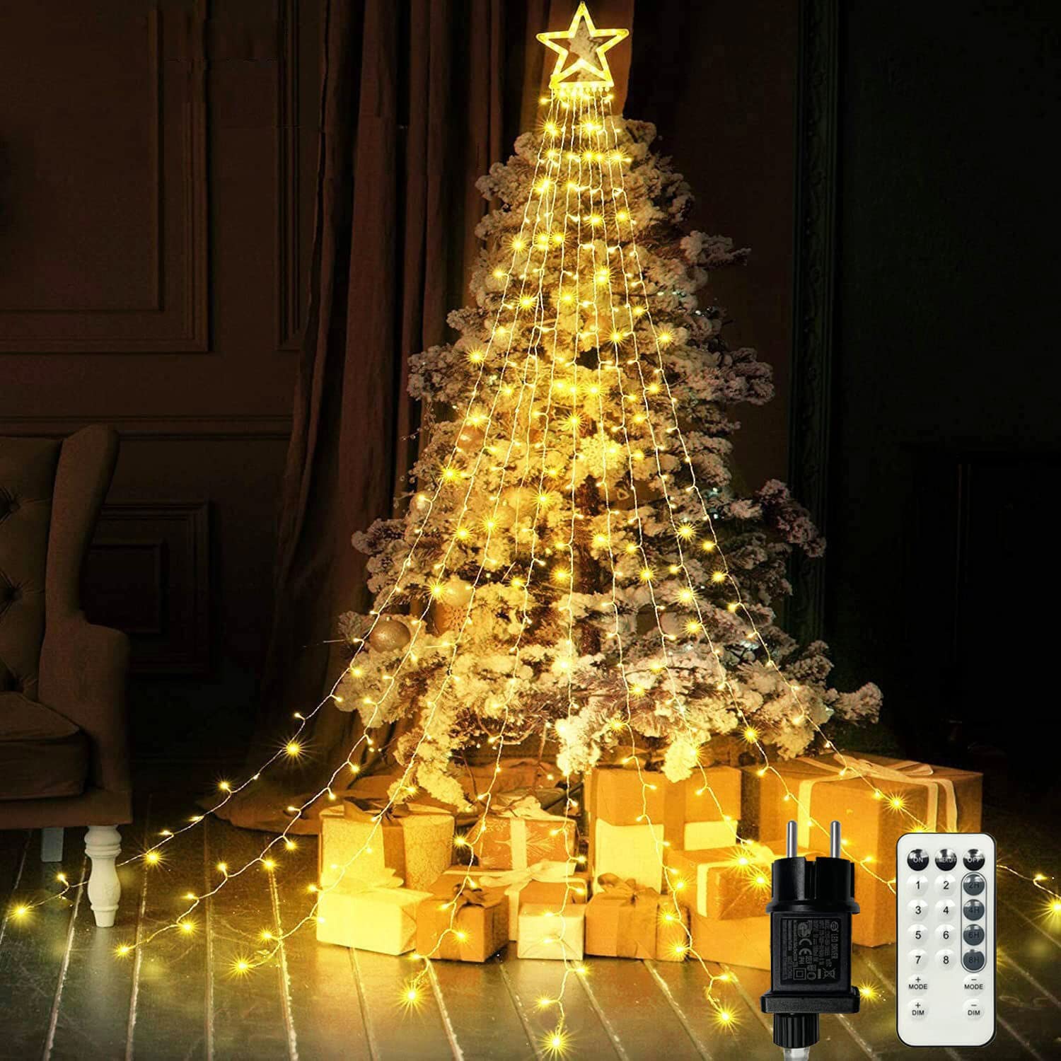 Guirnalda de luces LED de Navidad, 350 ledes, 9 hilos, 3,5 m, color blanco cálido, 8 modos, cortina de luces con estrellas, luces decorativas para interior y exterior, jardín, balcón