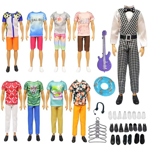 23 piezas de ropa para muñecas compatibles con ropa Ken, ropa para muñecas de niño, 1 traje de rejilla, 4 ropa, 4 pantalones, 5 pares de zapatos, 5 estantes para ropa, 3 accesorios para muñecas de 12