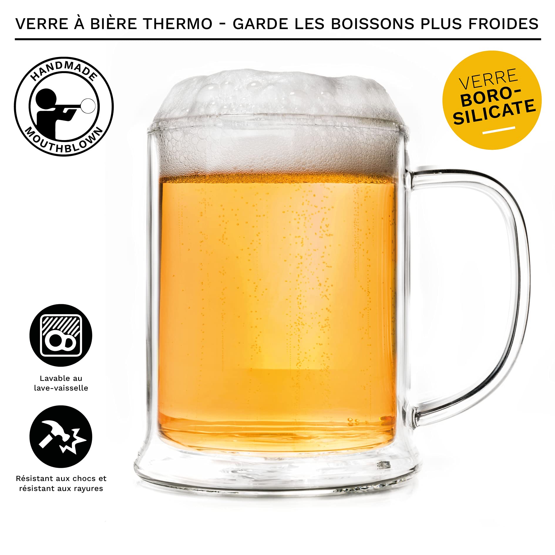 Creano Lot de 4 Verres à Bière Double Paroi 500 ml – Verres Isothermes Modèles Hauts en Borosilicate pour Bière de Blé & Longdrinks