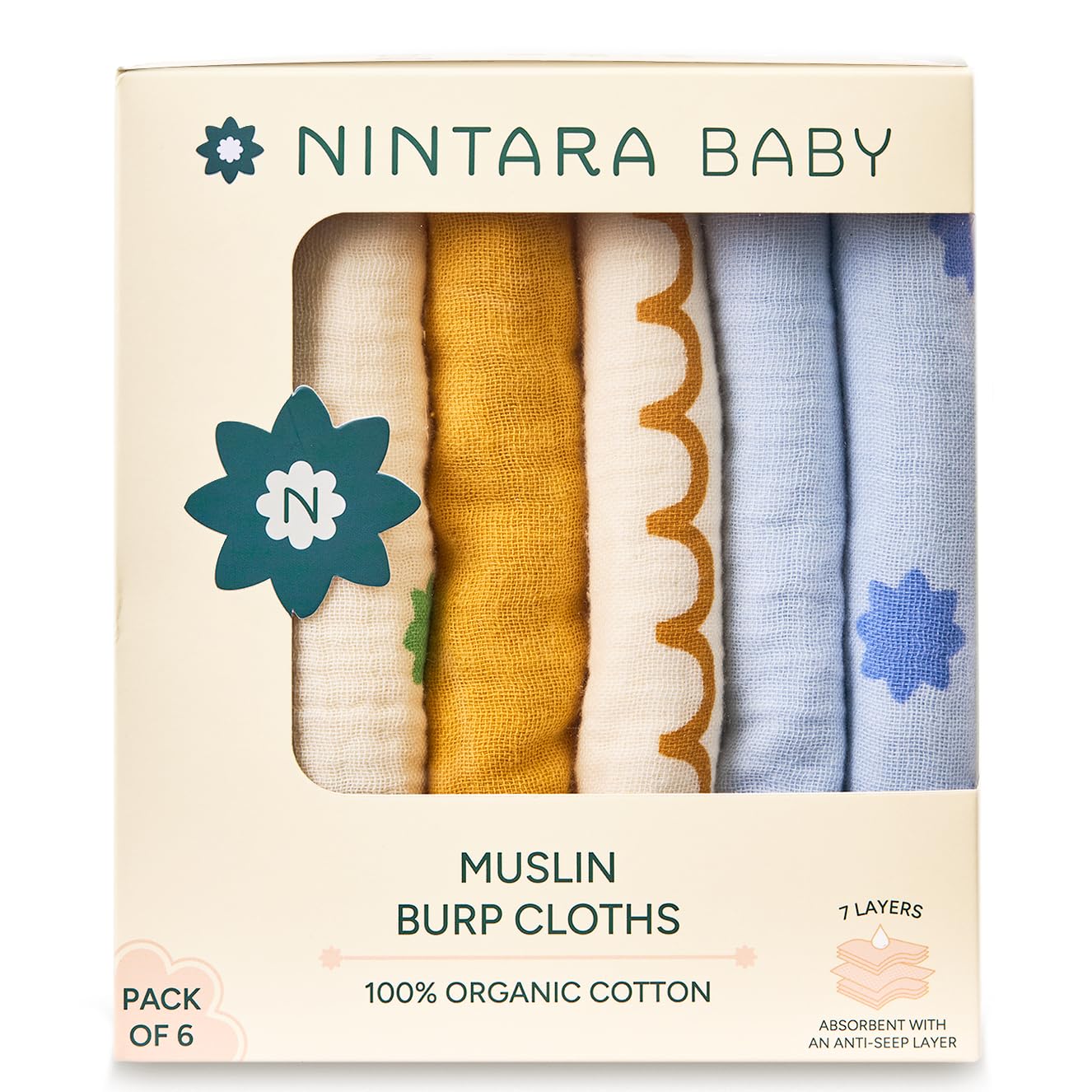 NINTARABABY Burp Cloths – 100% Organic Premium Muslin Cotton, Extra-Large 22″ x 12″ (55 cm x 30 cm), 7-Layer Absorbent & Waterproof, Reversible, Soft & Hypoallergenic, Gifts for Newborns, Pack of 6