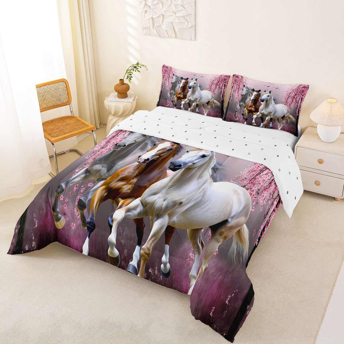 Feelyou Girls Horse Full Size Comforter Set Cherry Blossom Galloping Horse Bedding Set for Kids Boys Teens Western Duvet Comforter Floral Animal Decor Gifts for Girls Quilt Set Bedroom 3Pcs,Pink