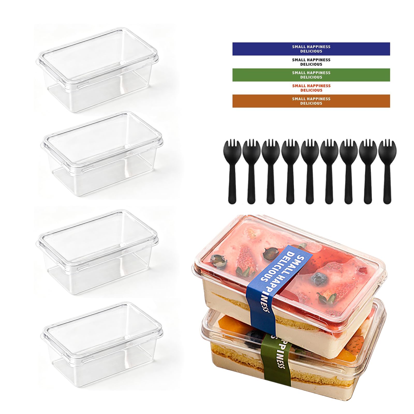 Plastic Dessert Cups with Lids, 50PCS Clear Parfait Appetizer Cup, 280ml Rectangle Dessert Cup Reusable Serving Bowl with Sporks and English Sticker for Desserts Pudding Mousse Party(10x5.8x4.5cm)
