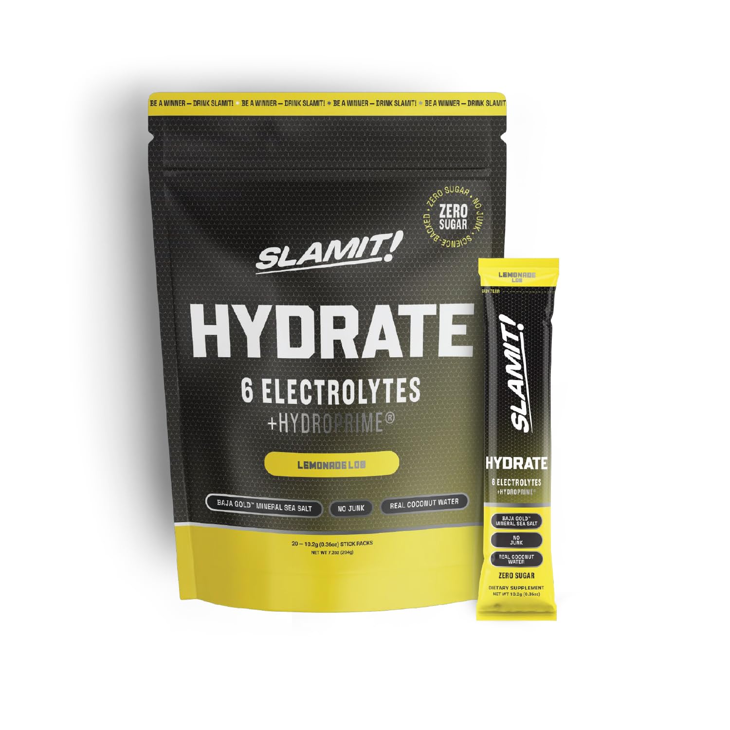 Hydrate Heat-Resistant Electrolyte Packets, Sugar-Free, Lemonade | 2,278mg Electrolytes, Baja Gold Sea Salt & Coconut Water, 90 Trace Minerals, Potassium & Magnesium, Nothing Artificial.
