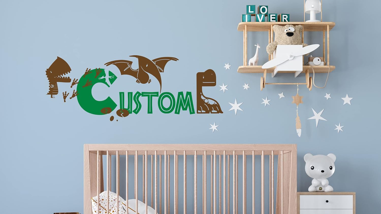 Custom Name dinosaurs Wall Decal children, Name Wall Decal, Wall Decal Baby, Personalized Name Decal, Wall Nursery, Boys Name Wall Decal, Girls Name Wall Decal, Dinosaur Wall Decal Jurassic, Kids Wall Decal Sticker Trex T-rex Velociraptor Stegosaurus (12"Hx31"W)