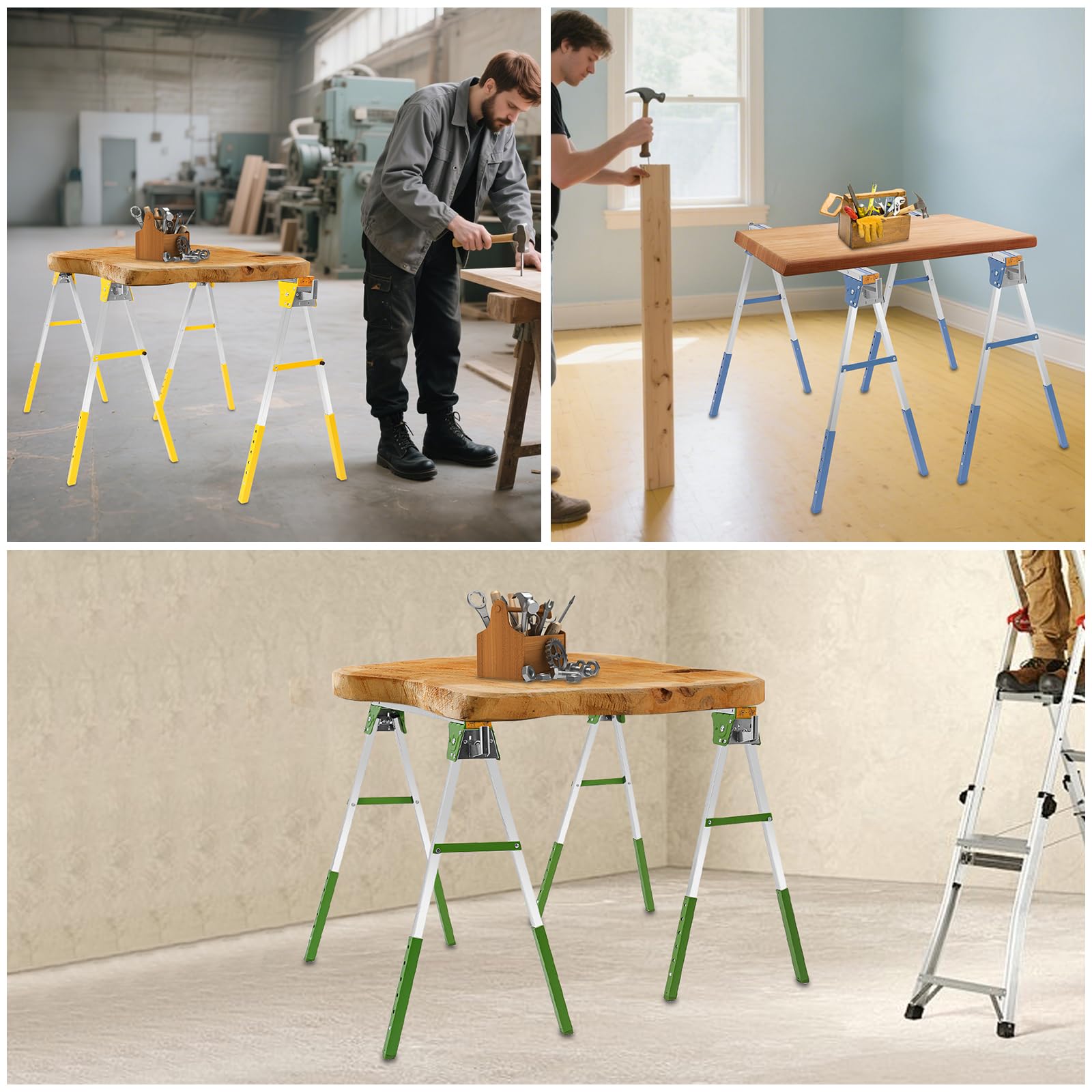 Juego de 2 caballetes de trabajo plegables, altura regulable hasta 1200 kg | Caballete plegable con 6 alturas y 4 ganchos para taller, garaje, construcción y jardín
