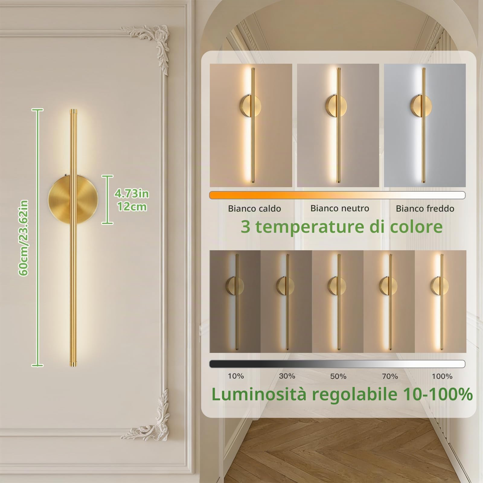 Kimjo Applique da Parete Interno LED, Oro Lampada da Parete Ricaricabile | 4400mAh Applique da Parete a Batteria, Dimmerabile Lampada da Parete con Telecomando, Oro LED Lampada da Muro per Soggiorno