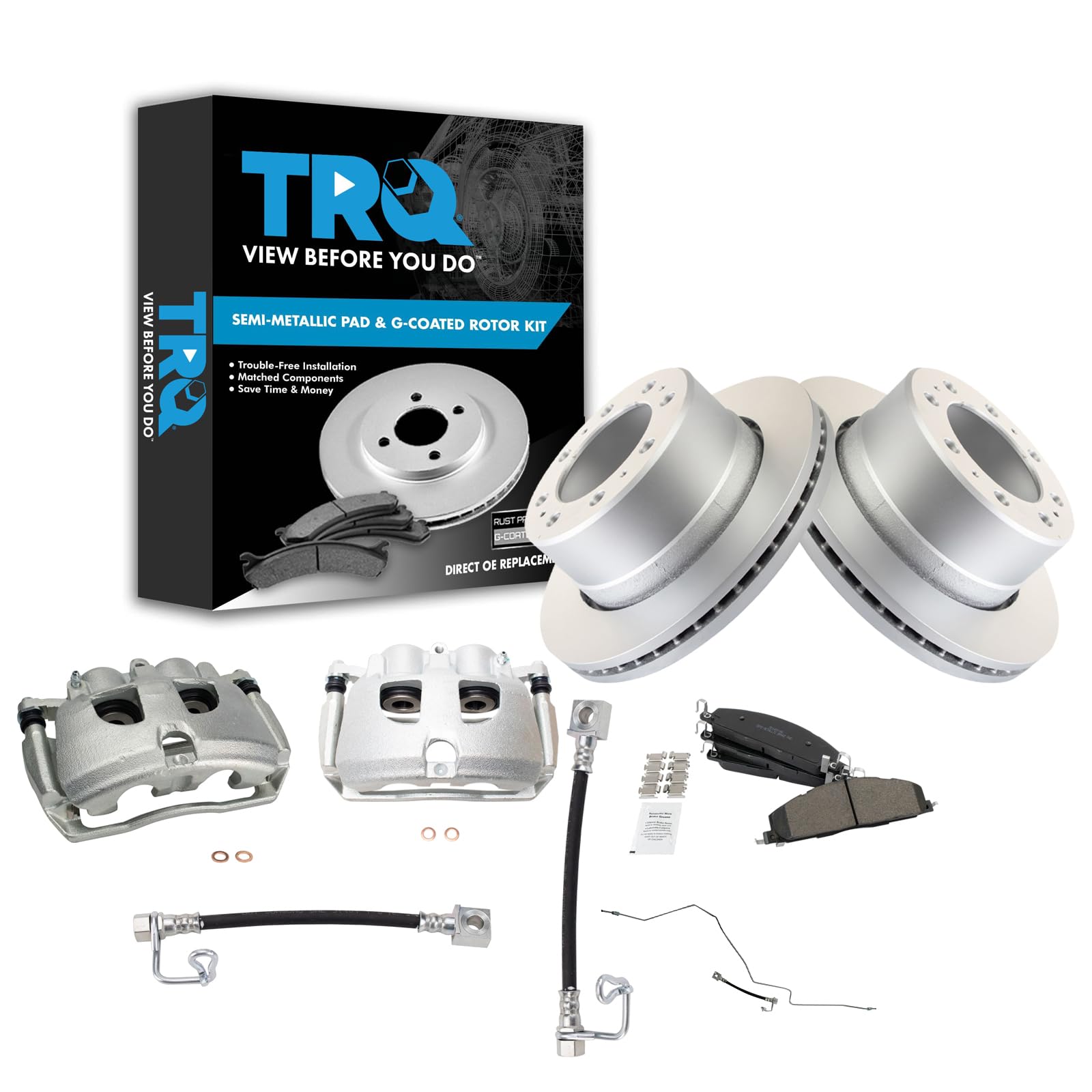 TRQ Rear Brake Pad, Caliper, Hose, &amp; Rotor Kit Semi-Metallic Premium G-Coated Compatible with 2009-2010 Dodge Ram 2500, 3500 2011-2013 Ram 2500 2011-2012 3500
