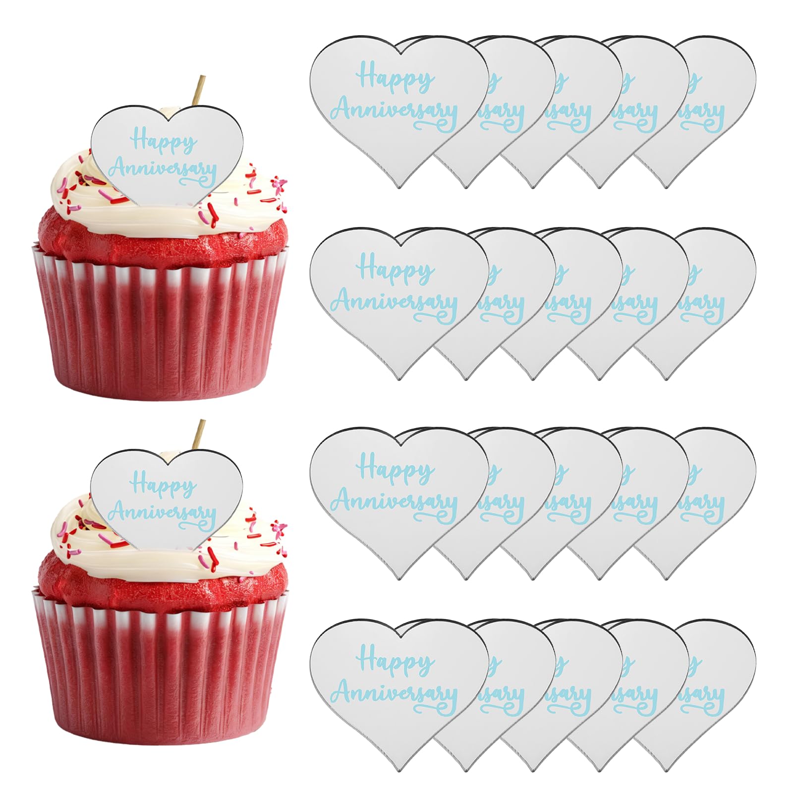 sourcing map 20Pcs Acrylic Mirror Cake Toppers, Happy Anniversary Cupcake Toppers Heart Shapes Laser Picks Dessert Decorations for Celebrating Party Wedding Shower, 059-Silver