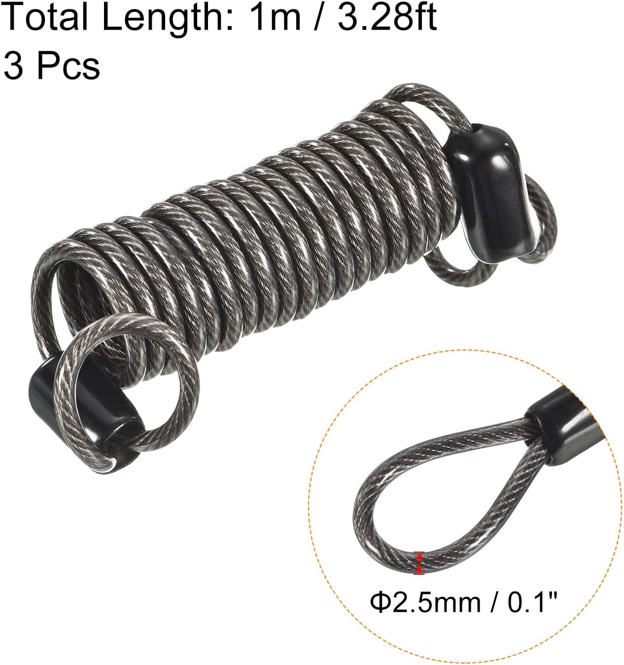 PATIKIL Security Steel Cable 2.5mm x 1m/3.28ft Coated Spring Luggage Lock Wire Rope with Double Loop Black 3 Pack - Image 3