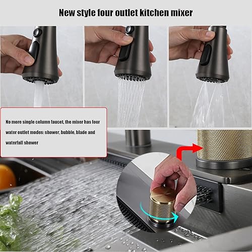 Miniatura 3 de Fregadero de cocina Flying Rain Waterfall - Fregadero individual con grifo extraíble, lavadora de tazas elevadoras, tabla de cortar y otros