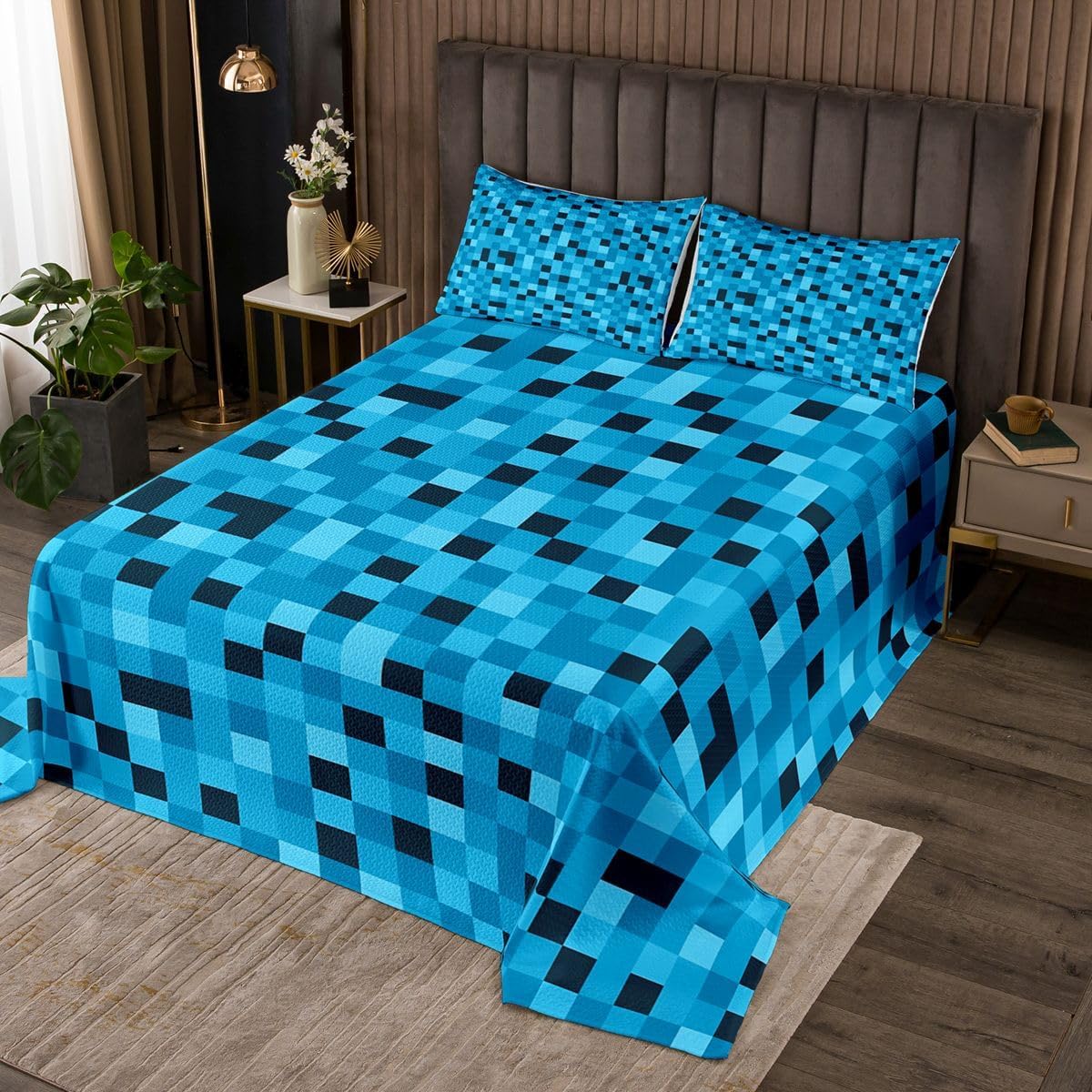 Pixelated Plaid Kids Bedspread Queen Size,Video Games Geometric Blocks Coverlet Set,Girls Boys Room Decor,Abstract Check Patchwork Quilted Coverlet,Green Brown Bedding Quilt,2 Pillowcases