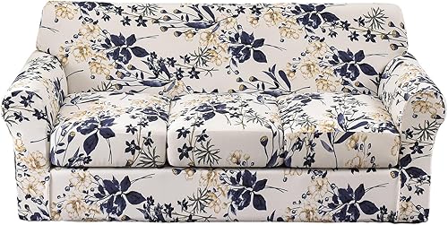 Miniatura 52 de KRFOONN Funda de sofá de 4 piezas con estampado para sofás de 3 cojines, funda elástica con 3 fundas de cojín separadas, protector de muebles Color