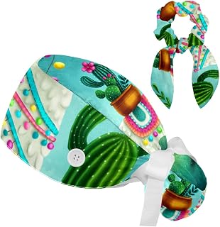 FVQL 2 Pieces Surgical Cap for Long Hair Scrub Cap with Hairband Nurse Cap, Tropical Animal Llama Cartoon