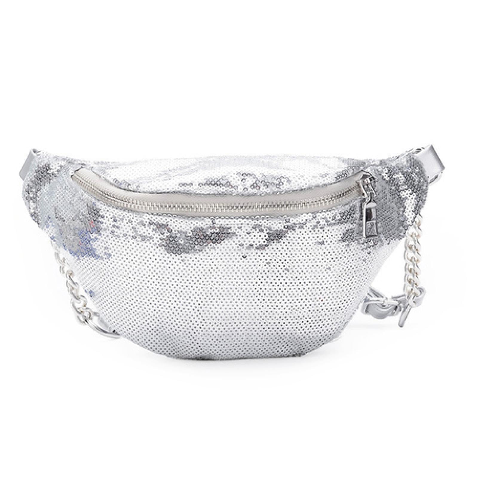 Riñonera de lentejuelas para mujer tipo bolsa de pecho multiusos en color silver 7