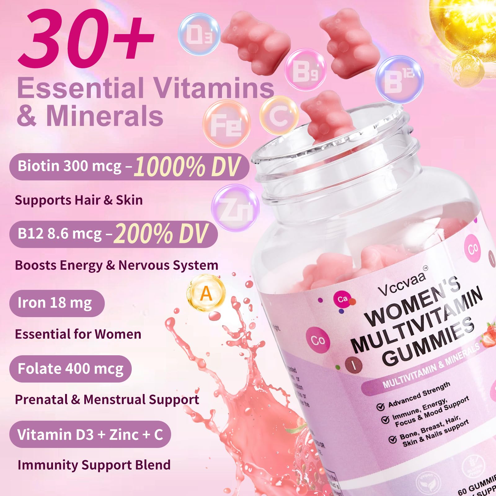 Sugar Free Multivitamin Gummies for Women 14+ with Iron, Inositol, Folate, Vitamins A C D3 E B12 K2, Herbal & Mineral Blend, Daily Vegan Gummy for Hair, Skin, Energy, Immune Support – 60 Count