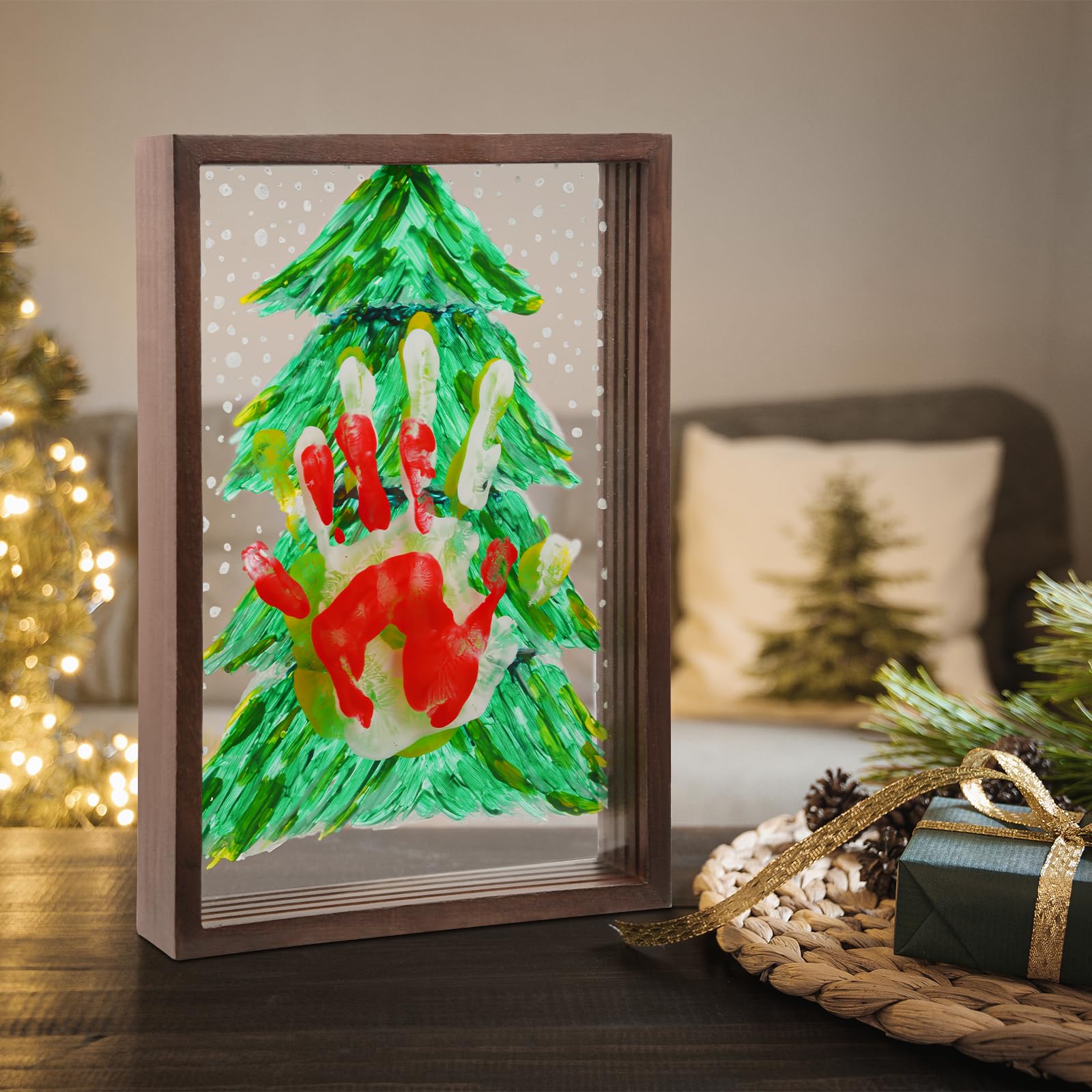 Family Handprint Frame Kit for 4 with 12 Colors &12 Pens,Fun DIY Craft Art Print Handprint Keepsake, Family Gifts for Christmas Mother's Father's Day Birthday Anniversary,Grandparent (Brown)