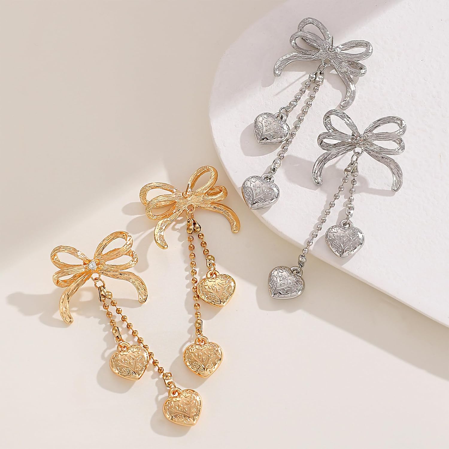 Lovely Ribbon Bow Dangle Earrings for Women Gold Silver Bowknot Heart Fringe Drop Earrings Dainty Lightweight Christmas Jewelry - Image 5