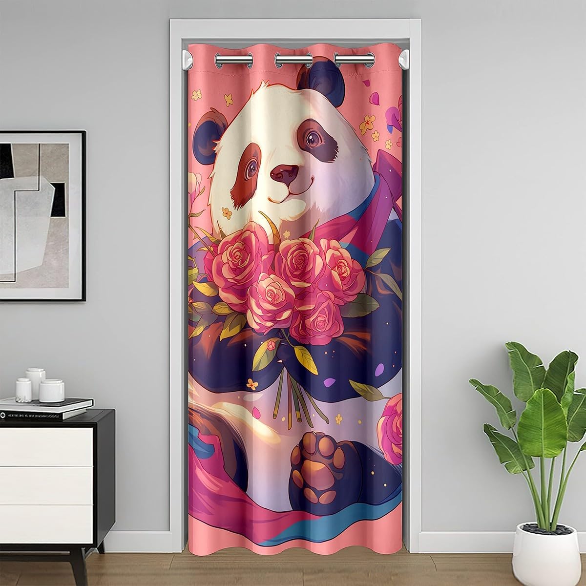 Kawaii Panda Door Curtain for Doorways Privacy Pink Red Rose Floral Doorway Curtain Romantic Panda Wildlife All Season Blackout Curtain Cartoon Nature Panda Door Drape, 60" W X 80" L