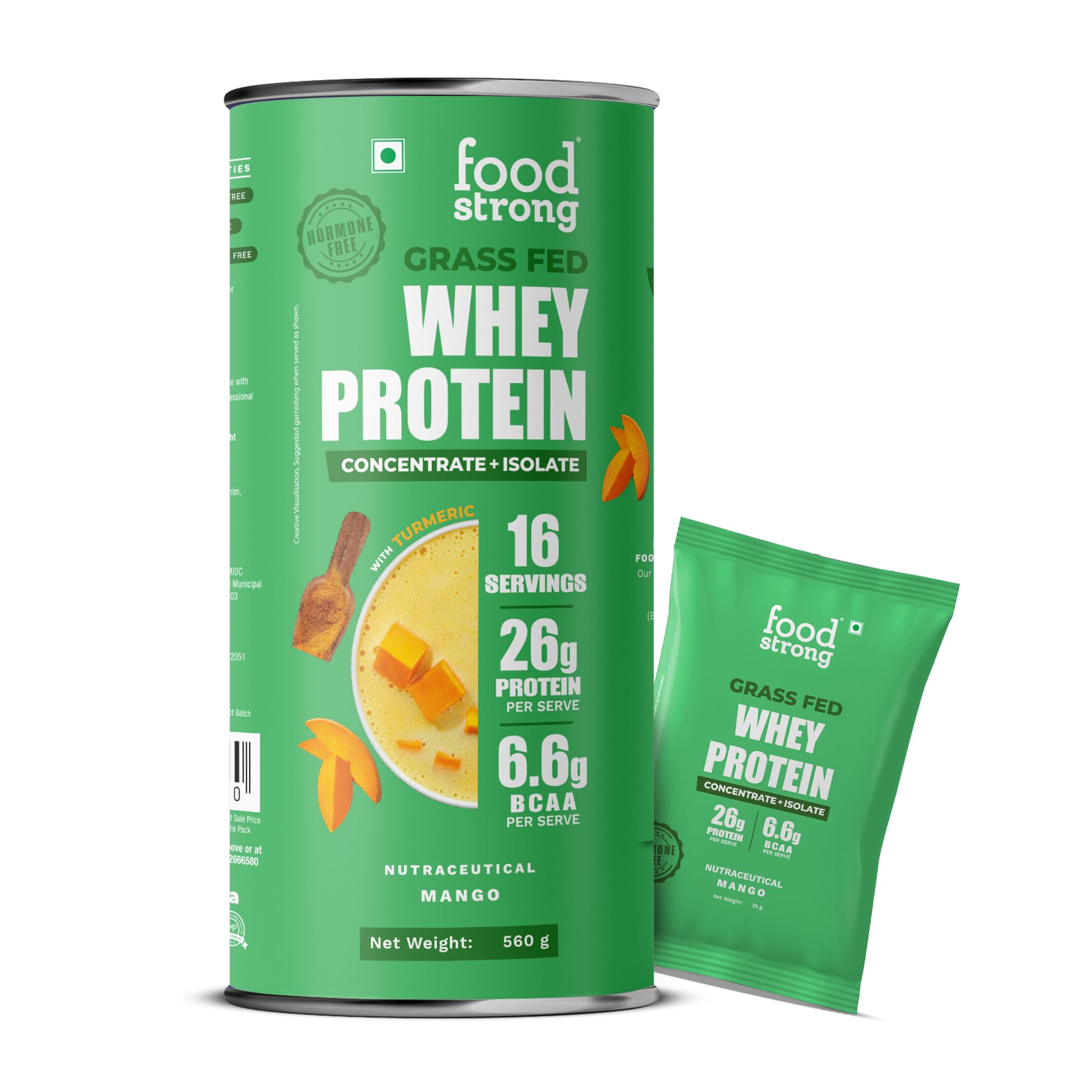 Foodstrong Whey Protein Powder (Concentrate + Isolate), 100% Hormone Free Grass-Fed Whey, 24G Protein & 6.6G BCAA, Mango, With Turmeric & Digestive Enzymes, 16 Sachets, 560G
