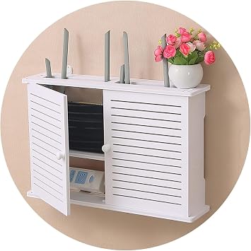 Router Shelf Wall Mount WiFi Router Storage Box, WiFi Router Shelf/2 Tiers Set-top Box Supports,Wall-Mounted Floating, Home and Office WiFi Router Adjustable Cable Box, 48x31.5x11cm, White