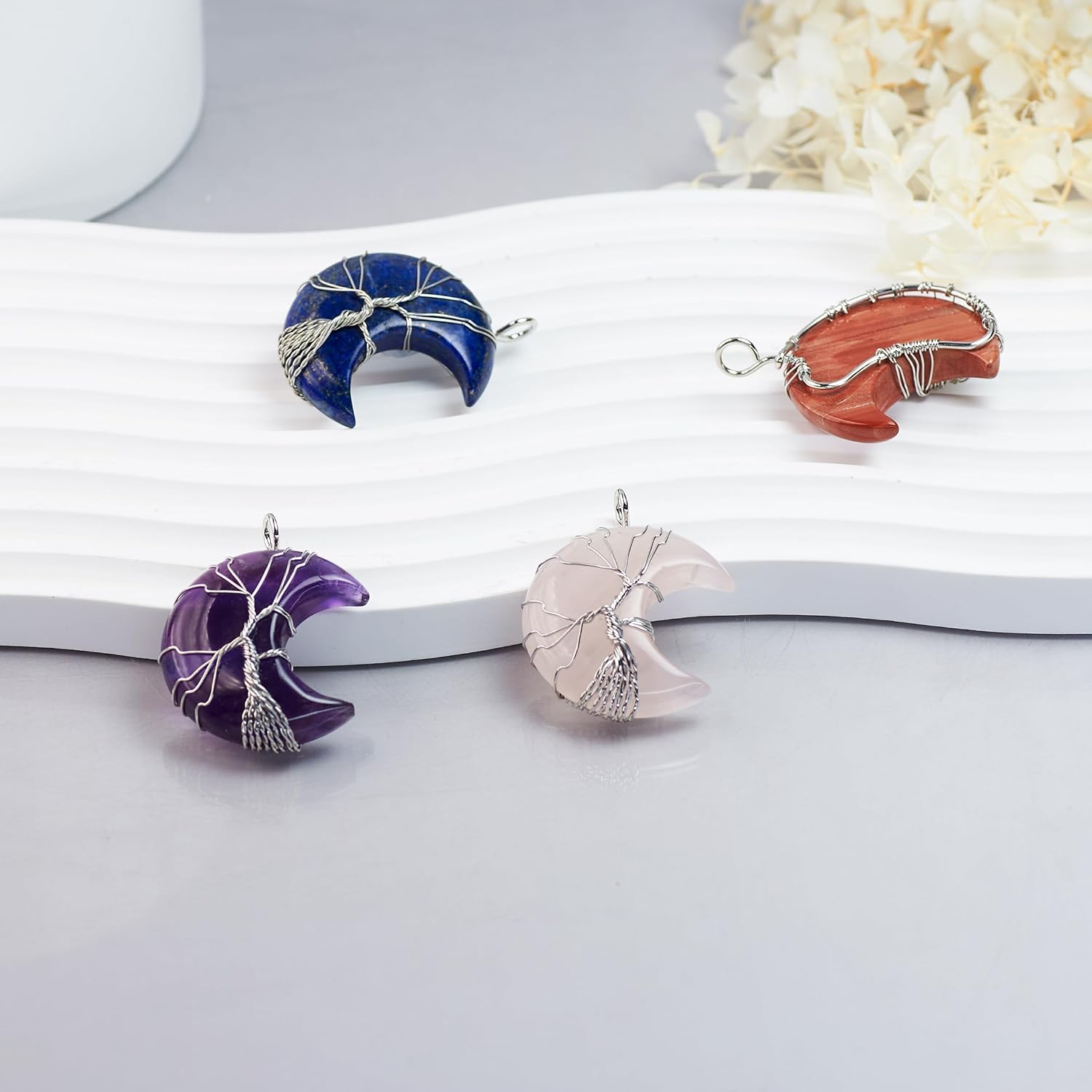 Natural Stone Crescent Pendant, Set of 3 (46x29mm) Tree of Life Wire-Wrapped Gemstone Charm for Jewelry Making Necklace image 4