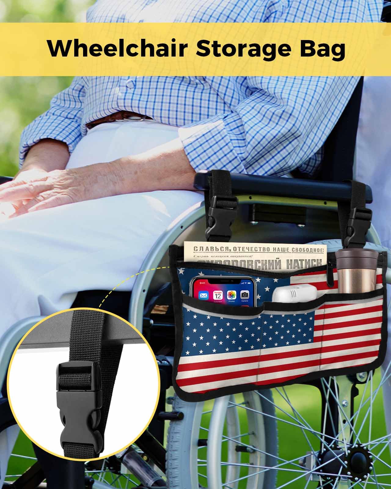 American Flag Wheelchair Side Bag Walker Bag, 4th of July Red Striped Independence Day Wheelchair Accessories Armrest Pouch, Organizer Storage Bag for Walkers, Rollators, Scooters, 7.3''x13''