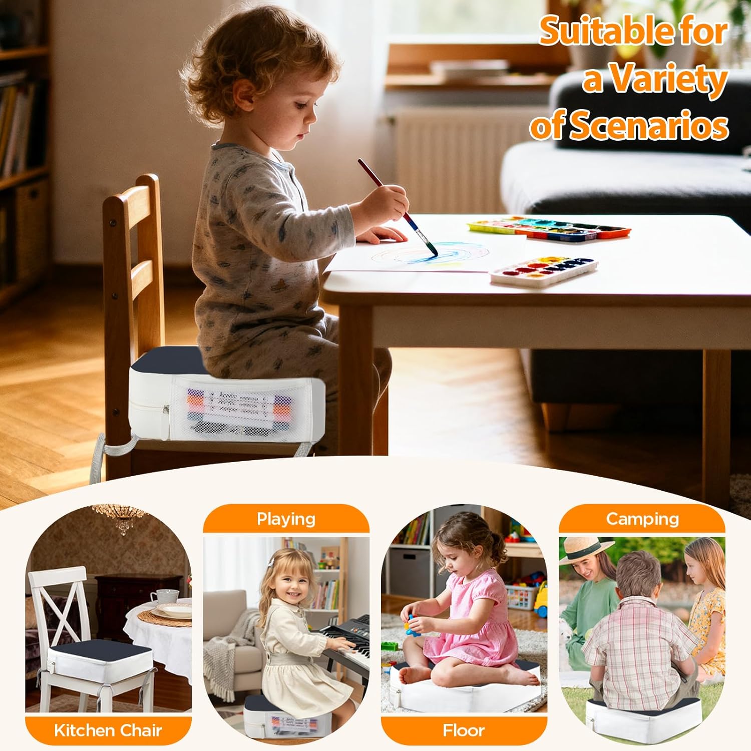 Booster Seat for Kitchen Chair, 3.8" Toddler Booster Seats for Dining Table with Ties, PU Dining Chair Pads with Side Pockets, Non-Slip & Removable Booster Seat for Table Increasing Cushion (Blue)