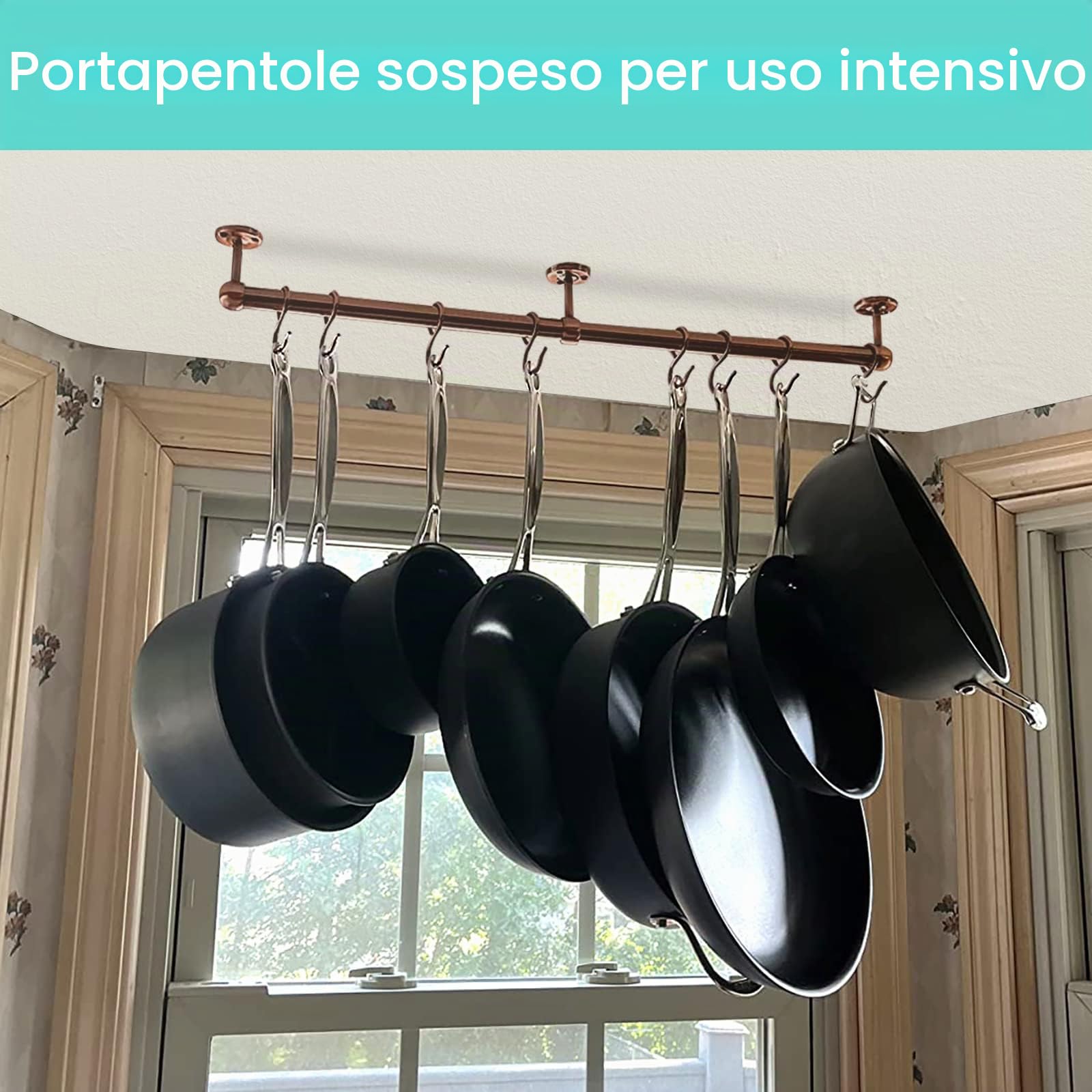 Rothley Appendiabiti da appendere per pentole: 60 cm, in acciaio inox, per pentole e padelle, montaggio a parete, per cucina e cucina, con ganci (rame anticato)