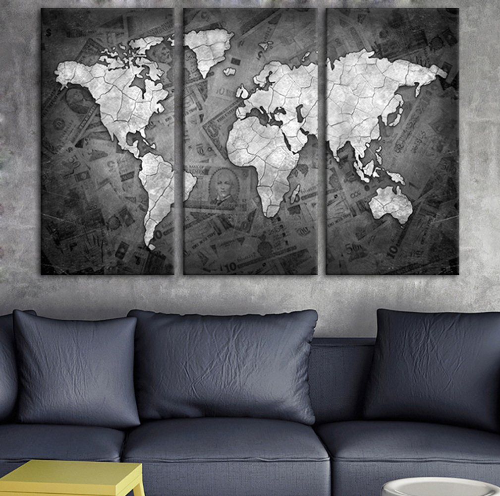 Canvas World Map Art mural showing Country and Major Cities in Mixed Color with White Background