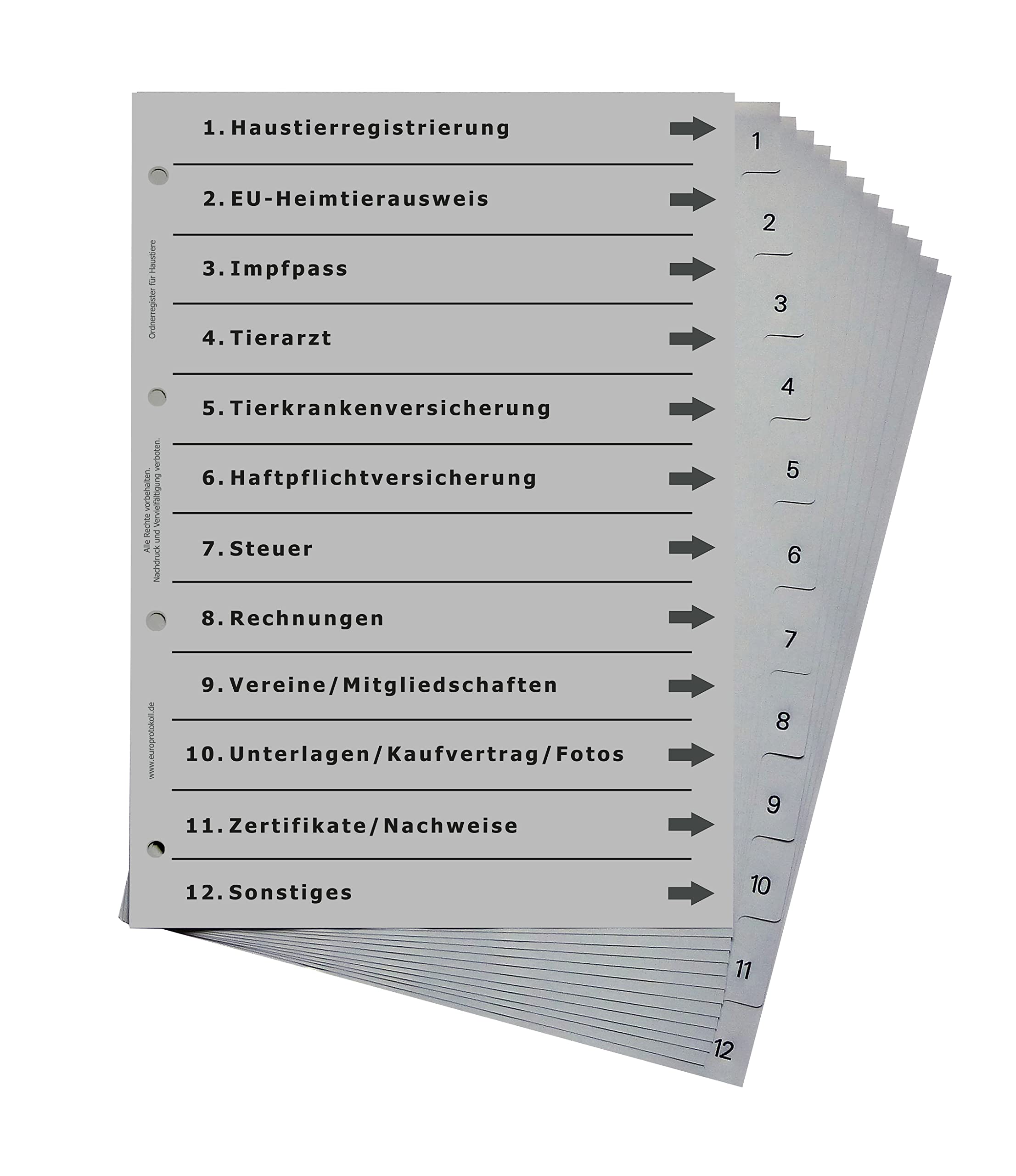 Ordnerregister für Haustiere, durchdachtes Register für DIN A4 Ordner, Tierordner für Hund, Katze und Pferd, lichtgrau