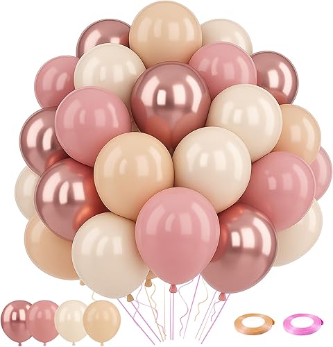Patimate Juego de 50 globos de látex retro color rosa rubor de 12 pulgadas, color dorado rosa metálico, rosa polvoriento, naranja pastel, nude, para