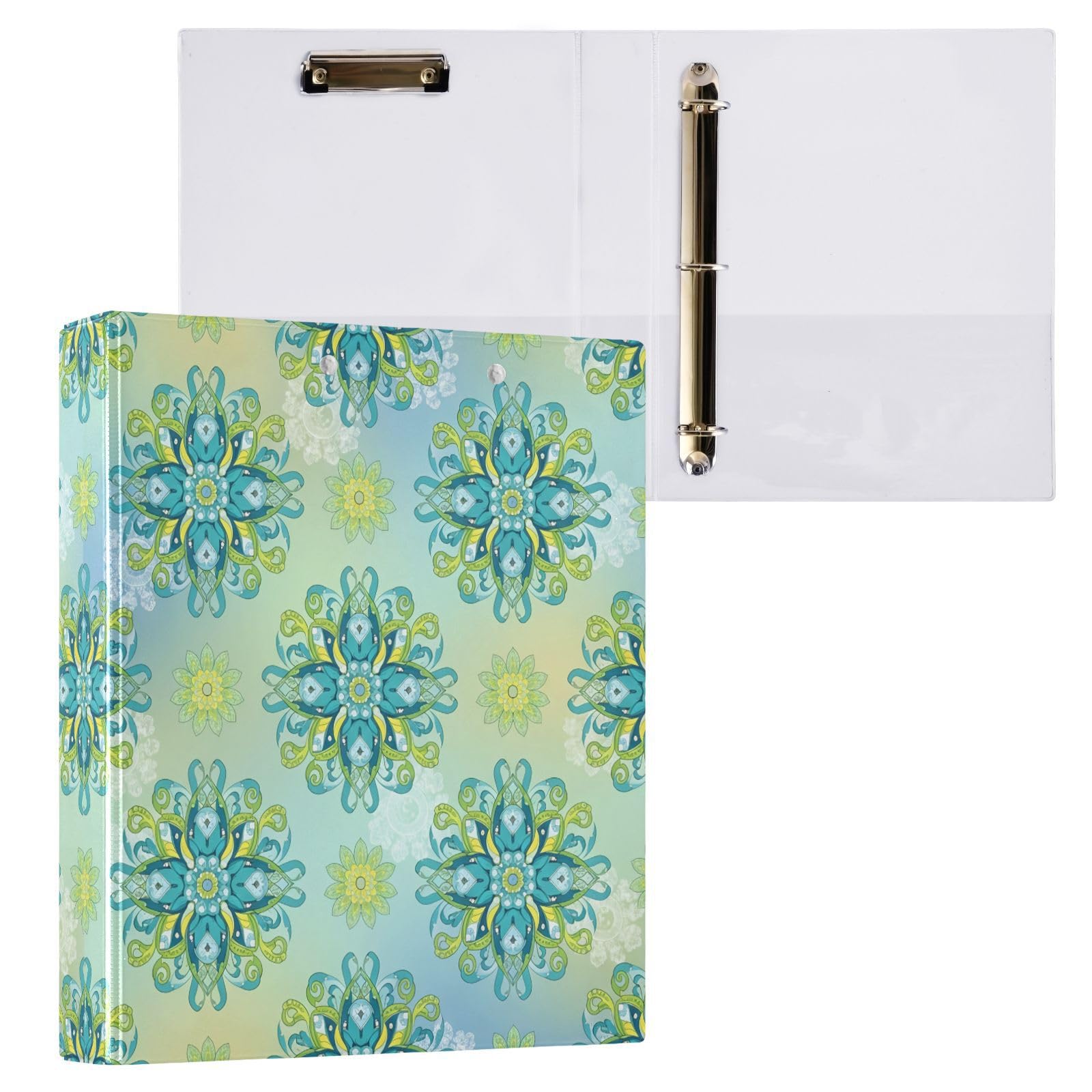 Raccoglitori a 3 anelli, 3,8 cm, motivo mandala, rotondi, decorativi, con clip in metallo, formato A4, organizer per casa e ufficio, confezione da 2