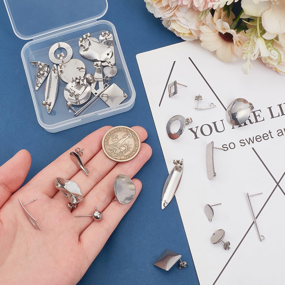 UNICRAFTALE 30pcs Stud Earring Findings - 15 Styles Stainless Steel Posts With Loop For DIY Jewelry Making