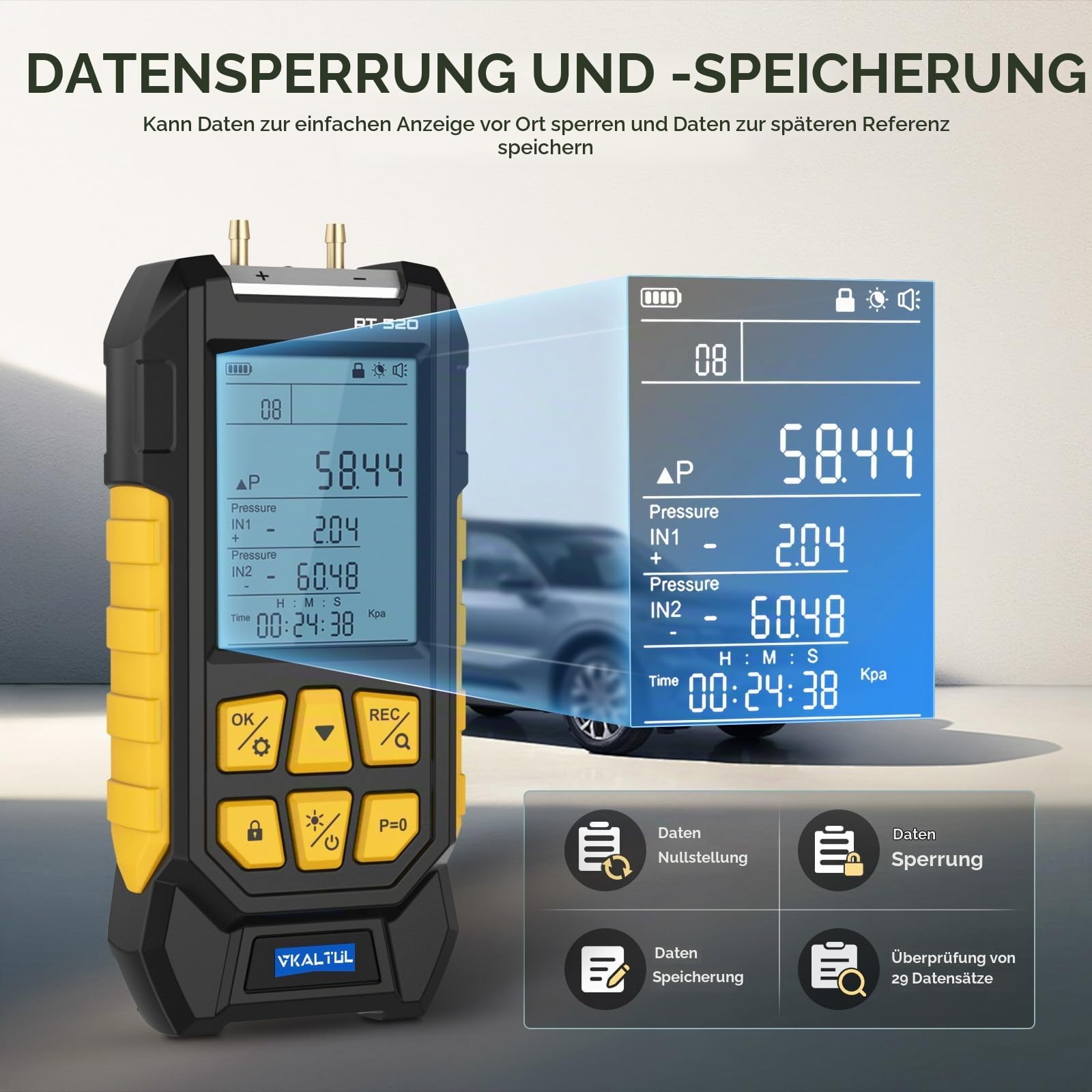Digitales Manometer PT520, Manometer Wasser und Druckluft mit hohem Genauigkeitswert, 10 Messwerte, 29 Speicherung von Daten, Mehrere Messadapter, -1000~2000mbar, -100~200Kpa