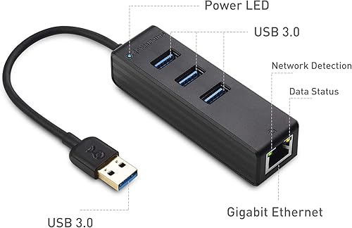 Miniatura 3 de Cable Matters Hub USB 4 en 1 con Ethernet, compatible con red Gigabit (USB 3.0 Hub Ethernet) con red 101001000Mbps, 3 puertos USB de 5 Gbps en negro